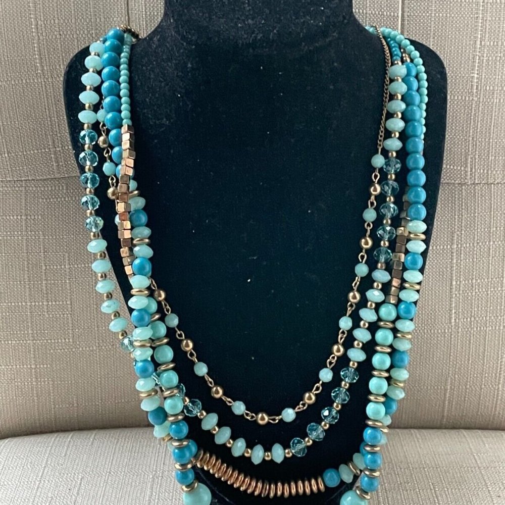 Women Necklace Multi Layer Blue/Gold Tone Statement Long Necklace Fashion Jewelr - Picture 3 of 9